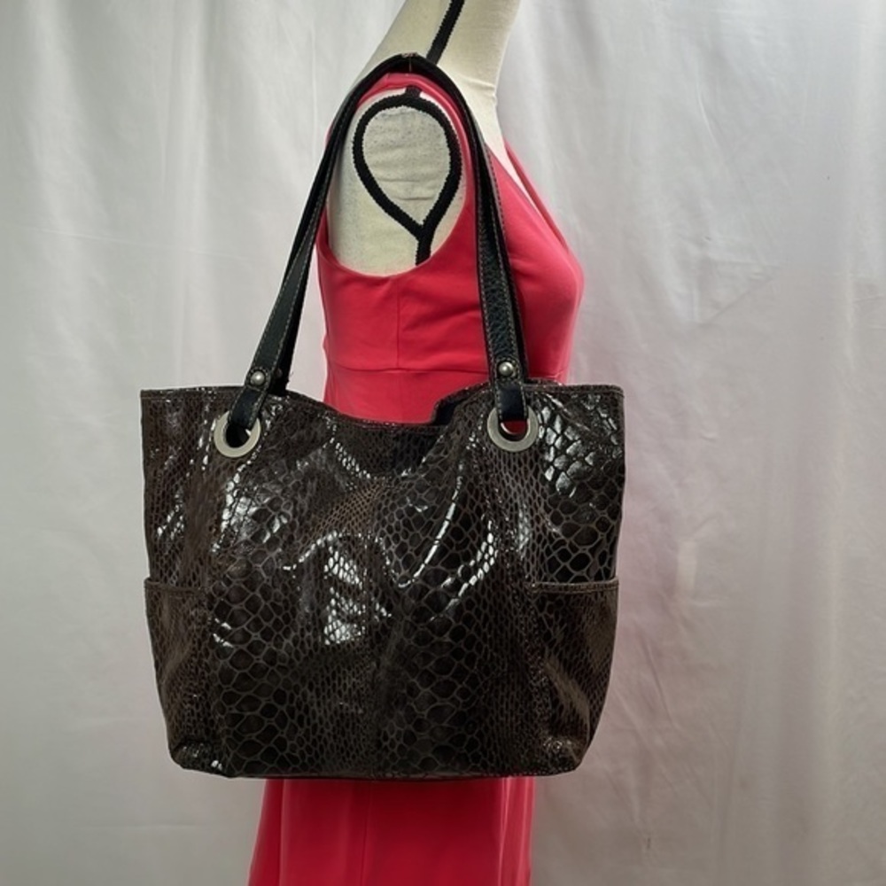 Fossil Dark Brown Croc-Embossed Patent Leather Tote